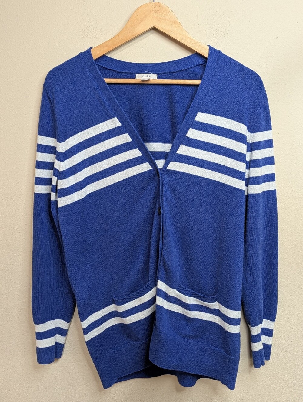 Caslon Cardigan Size Large Royal Blue White Stripe Button Front Nordstrom